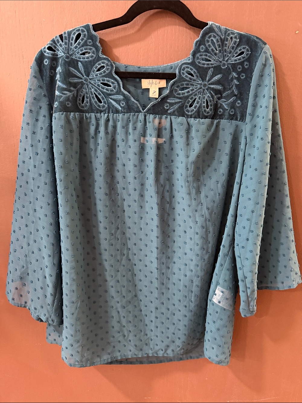 Style & Co. Dusty Blue Embroidered Peasant Blouse